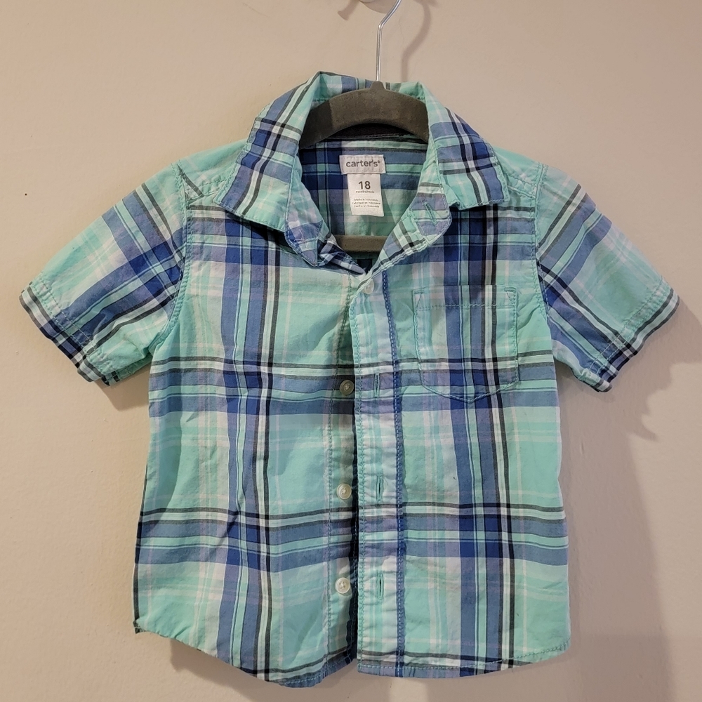 Carters Carter's size 18m blue check button up collared shirt short sleeve kids